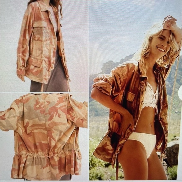 Free People shirt jacket Womens S Tan Camo pockets button Y2K grunge hiking - Picture 1 of 17